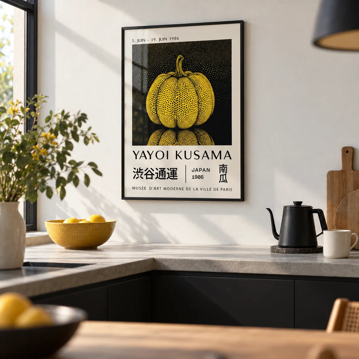 Mushroom Wall Art, framed on the wall of a modern kitchen with a white wall and black cabinets