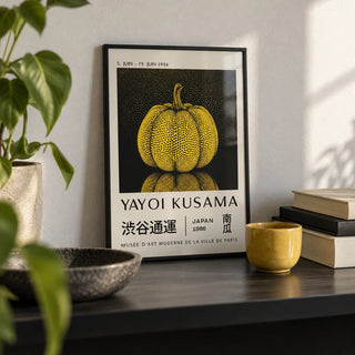 Mushroom Wall Art, a small A4 framed print leaning on a black shelf in a living room
