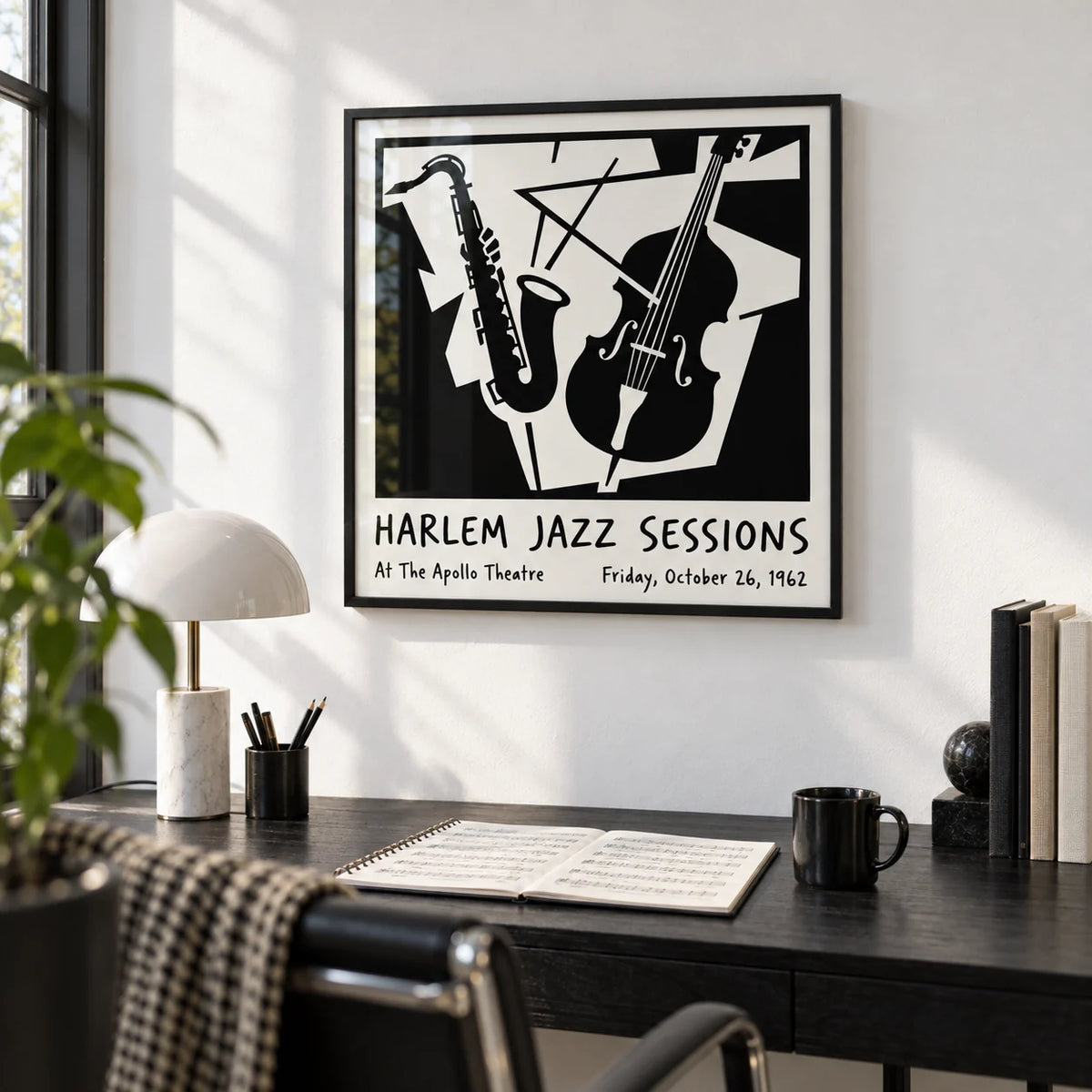 Music Poster Wall Art, framed on the wall of a modern study with a white wall