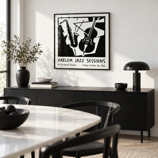 Music Poster Wall Art, framed on the wall of a monochrome dining room with a white wall
