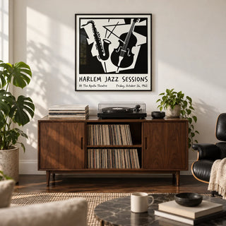 Music Poster Wall Art, framed on the wall of a stylish living room with a white wall and a dark oak floor