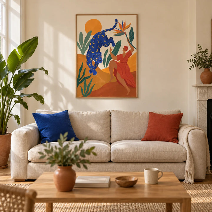 Mystical Blue Leopard Wall Art, framed on the wall of a warm contemporary living room in a UK terraced house with cream plaster walls and an oak floor