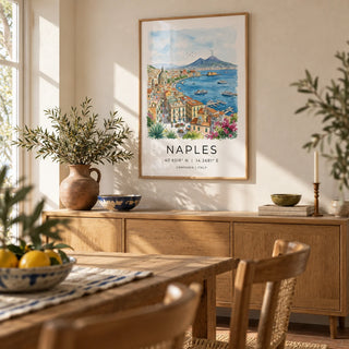 Naples City Art Print, framed on the wall of a sunny dining room