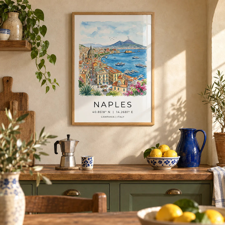 Naples City Art Print, framed on the wall of a sunny Italian-style kitchen with warm plaster walls