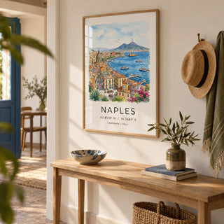 Naples City Art Print, framed on the wall of a warm hallway