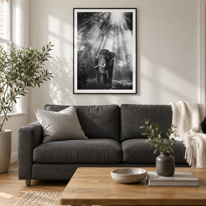 Nature Photography Wall Art, framed on the wall of a contemporary living room in a UK terraced house with a soft white wall and oak floor