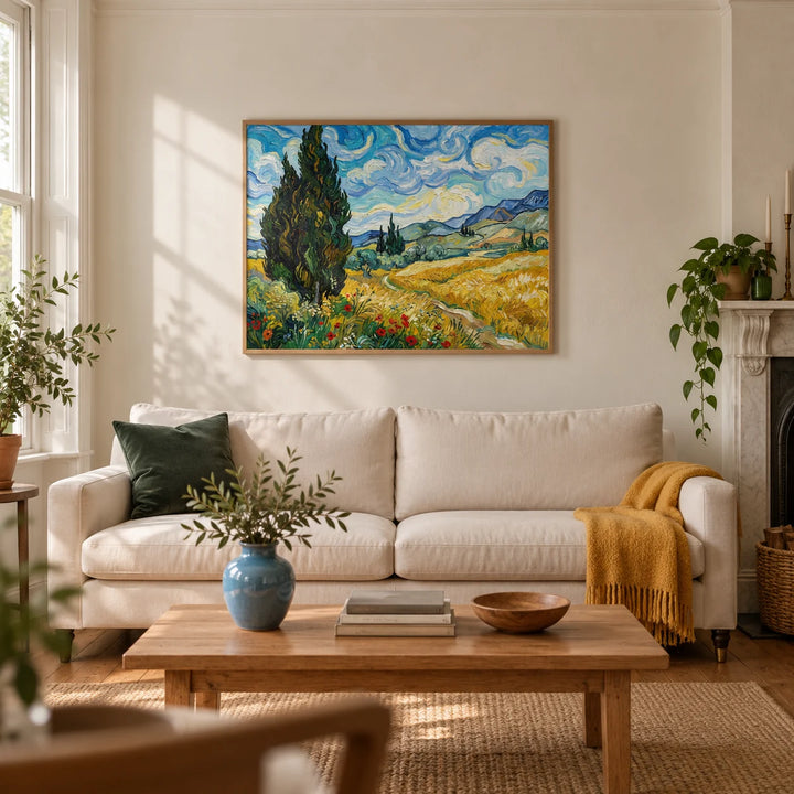 Nature Poster, framed on the wall of a warm living room in a UK Victorian terrace with soft ivory plaster walls and oak floorboards
