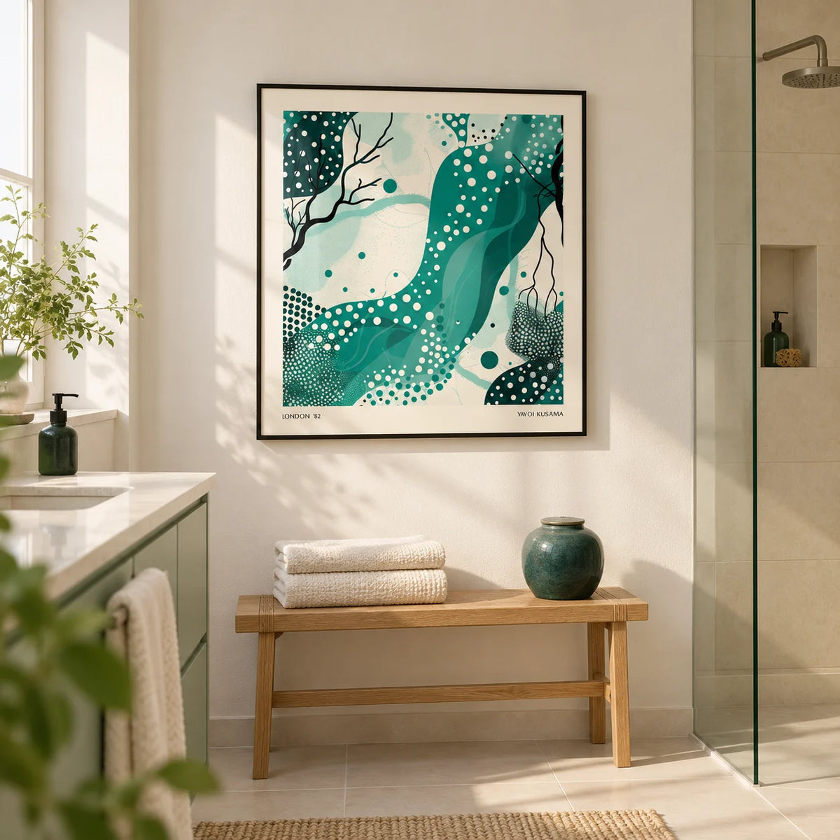 Nature Wall Art, framed on the wall of a bright modern bathroom with a warm white wall