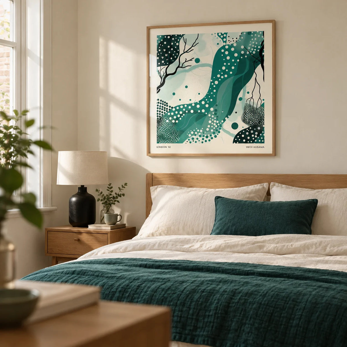 Nature Wall Art, framed on the wall of a calm contemporary bedroom in a UK terraced house with cream walls