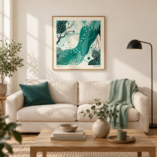 Nature Wall Art, framed on the wall of a modern living room in a UK flat with warm white walls