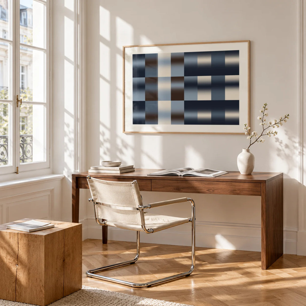 Navy Abstract Wall Art, framed on the wall of a bright study corner with a tall white paned window