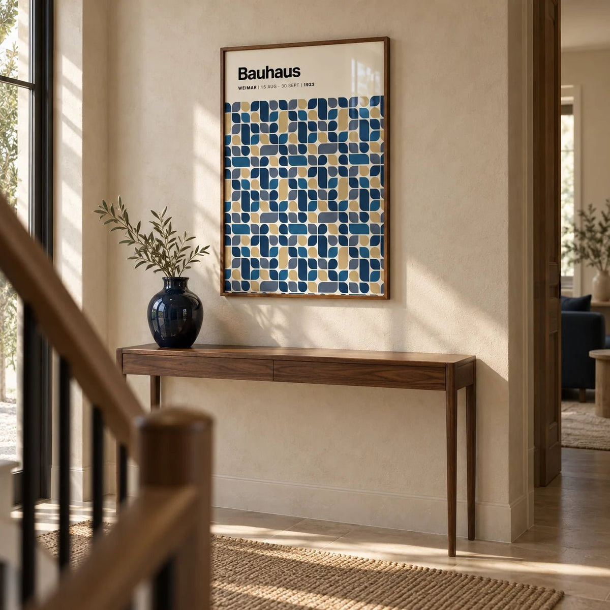 Navy and Gold Wall Art, framed on the wall of a calm hallway with a sand limewashed wall