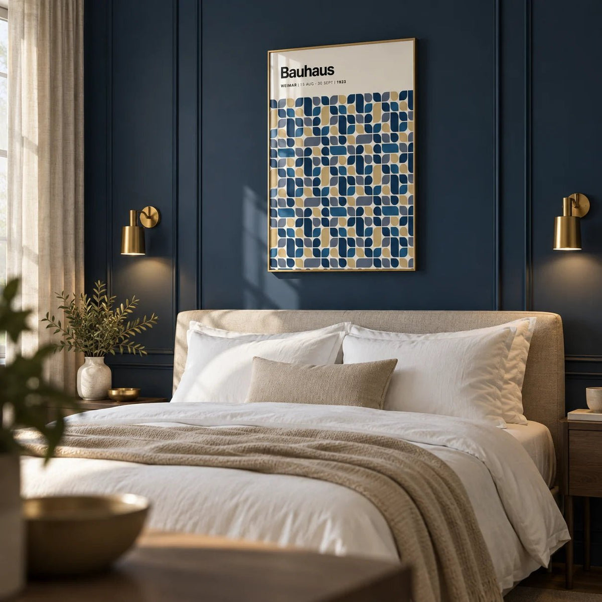 Navy and Gold Wall Art, framed on the wall of a calm modern bedroom with a solid navy panelled wall behind the bed