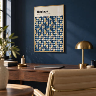 Navy and Gold Wall Art, framed on the wall of a smart home office with a solid navy painted wall