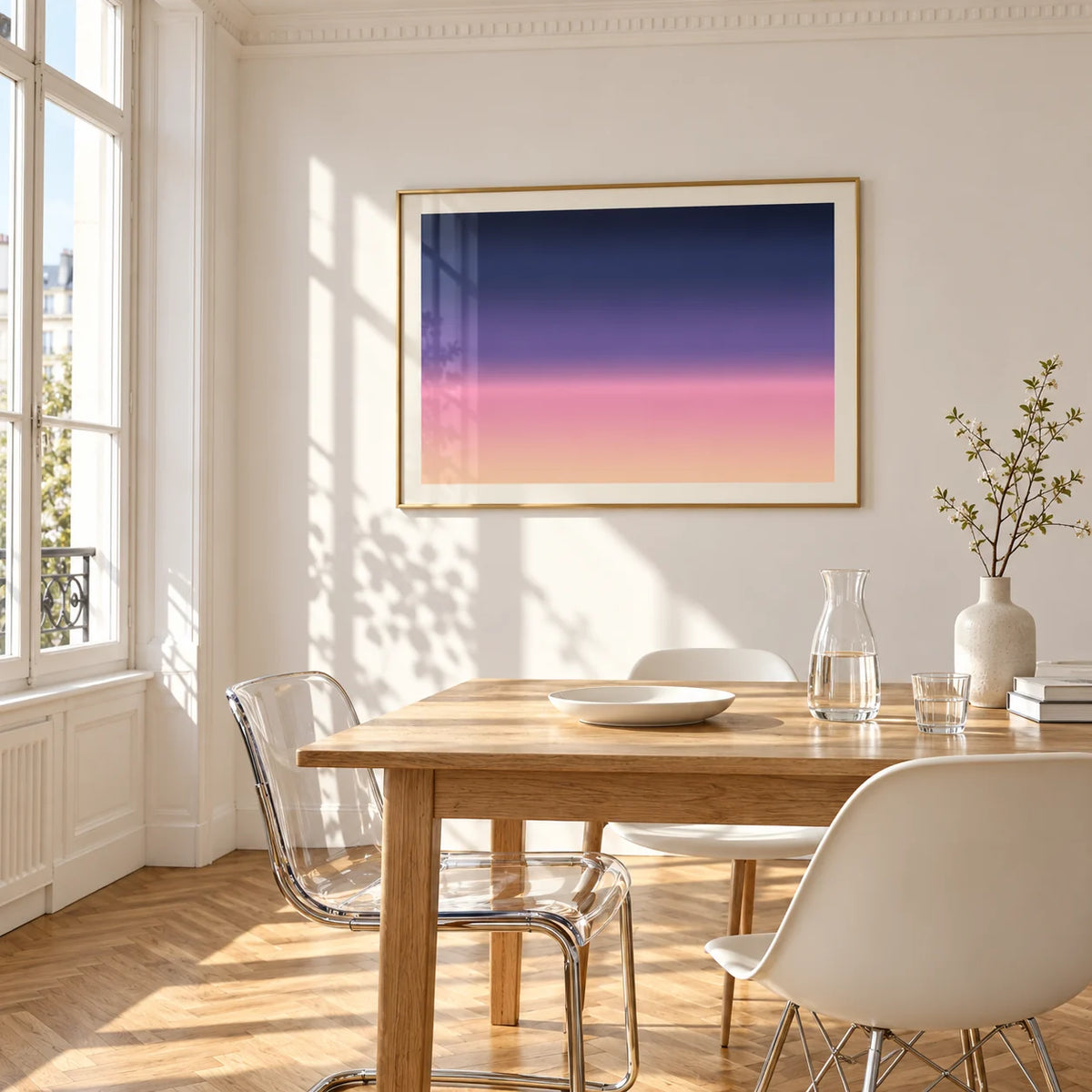 Navy and Pink Wall Art, framed on the wall of a bright dining corner