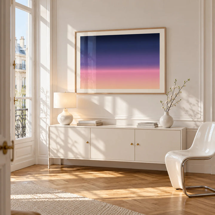 Navy and Pink Wall Art, framed on the wall of a bright Paris style apartment in a living room