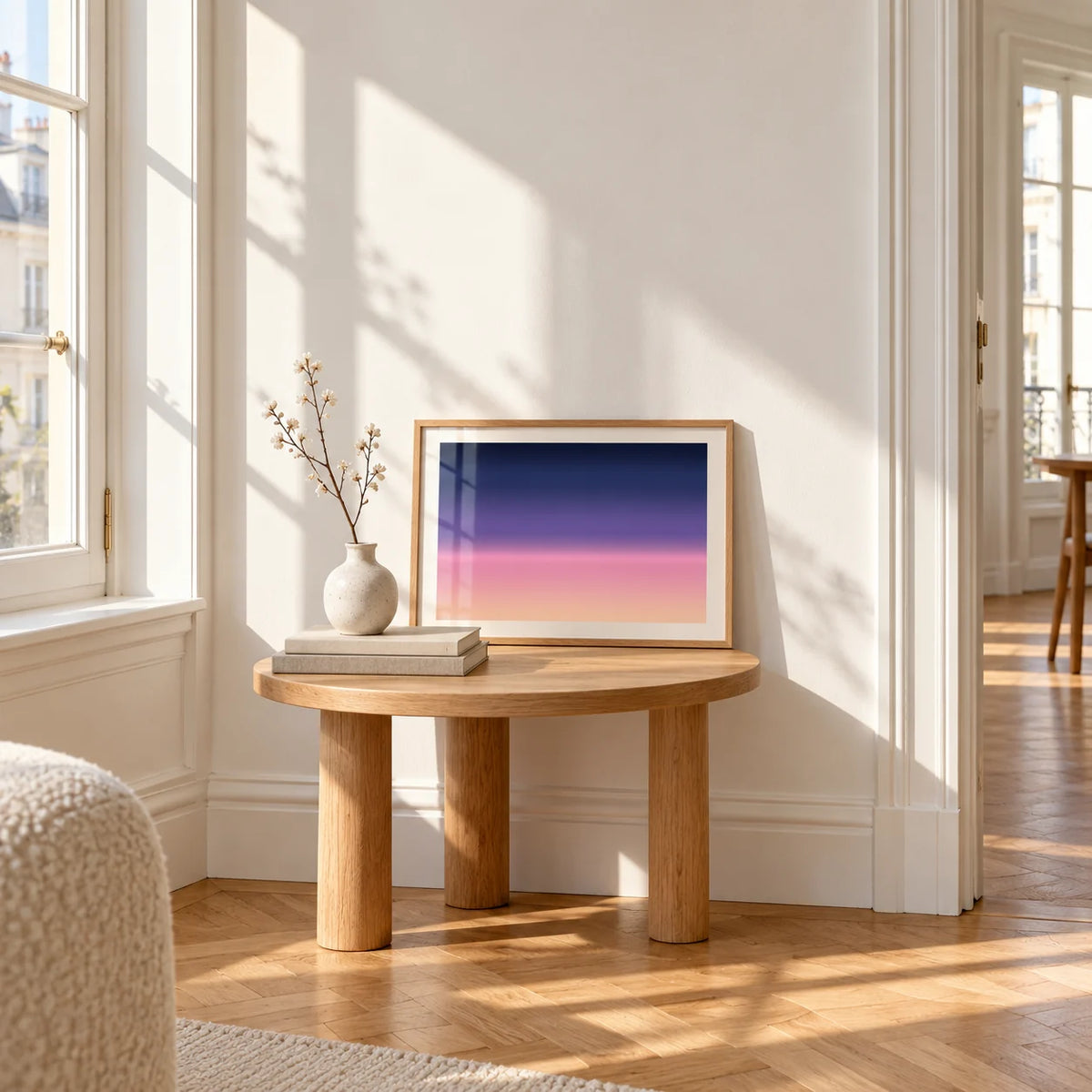 Navy and Pink Wall Art, a small A4 framed print leaning on a small solid oak side table