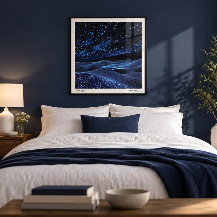 Navy Blue Artwork, framed on the wall of a calm modern bedroom with a deep navy painted wall