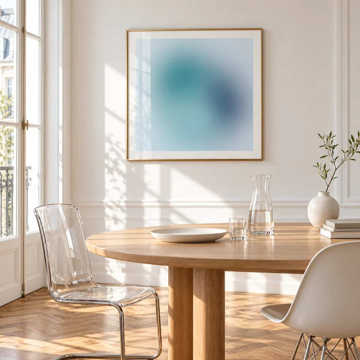 Navy Wall Art, framed on the wall of a bright dining corner