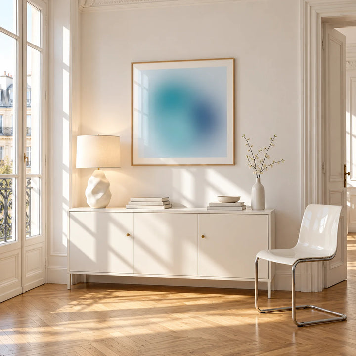 Navy Wall Art, framed on the wall of a bright Paris style apartment in a living room