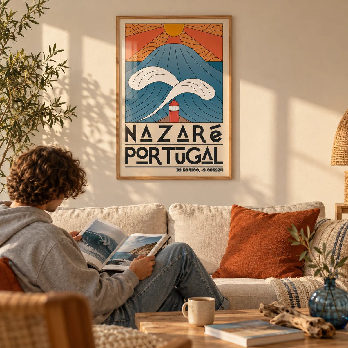 Nazare Portugal Art Print, framed on the wall of a warm coastal living room