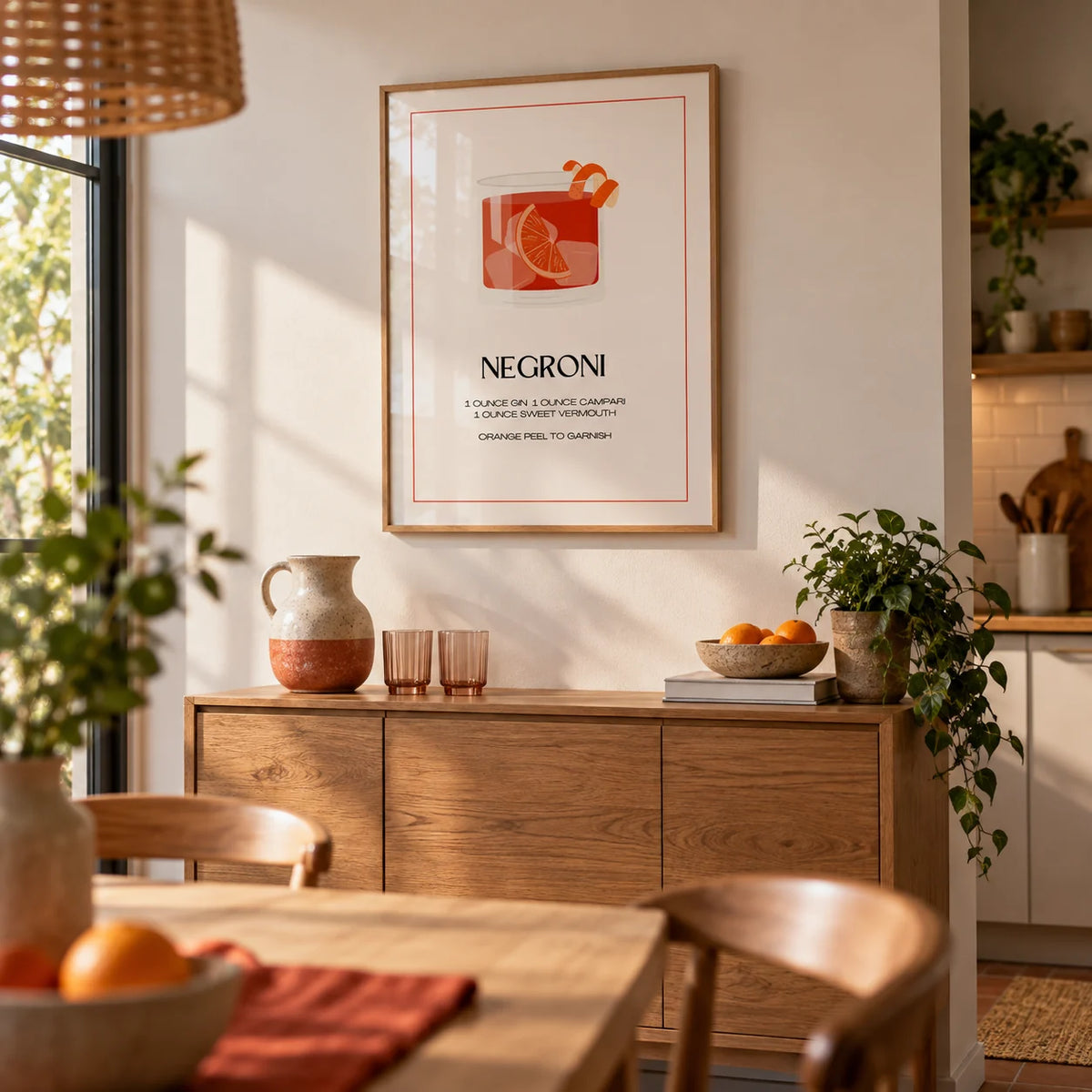 Negroni Cocktail Poster, framed on the wall of a kitchen-diner
