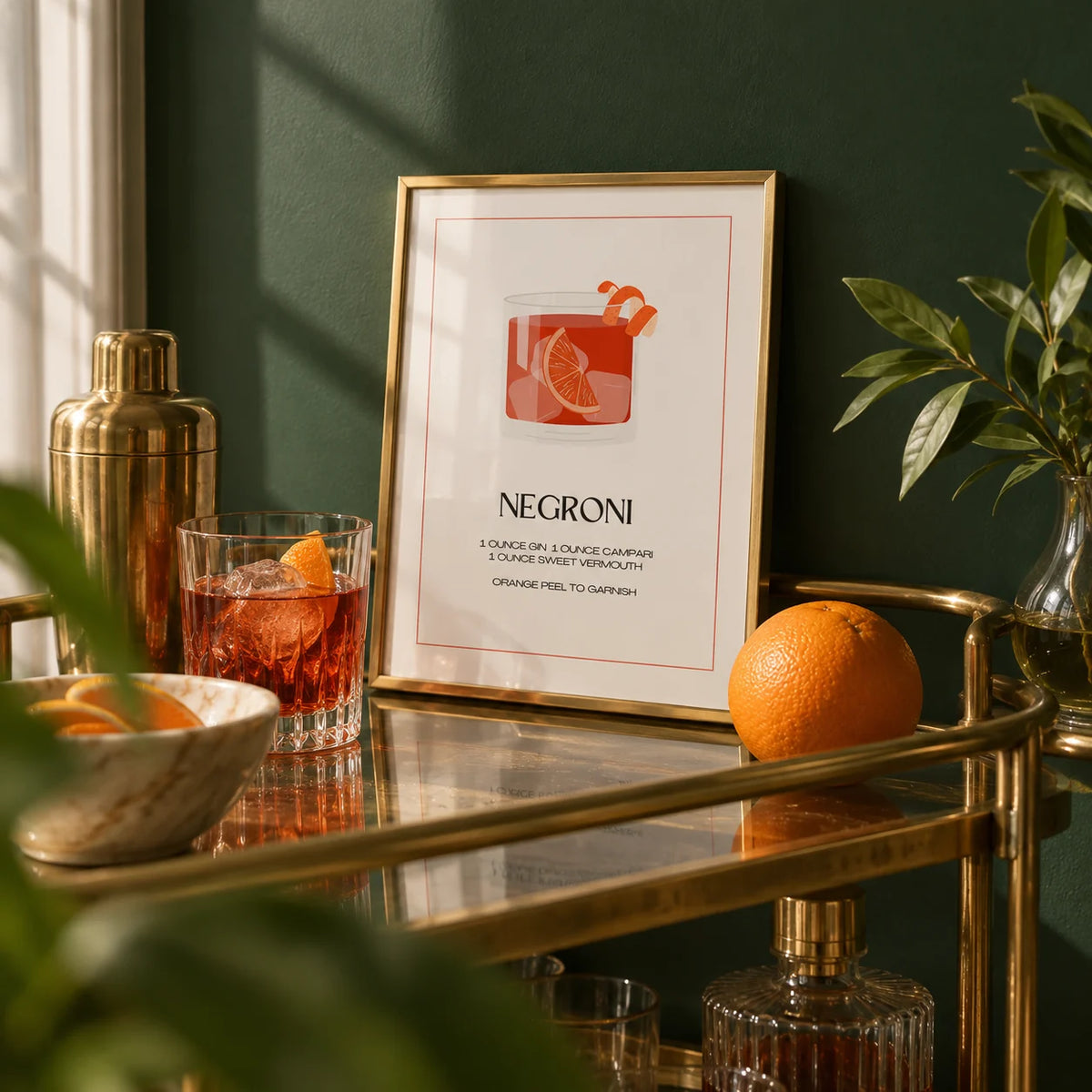 Negroni Cocktail Poster, a small A4 framed print leaning on a shelf in a living room