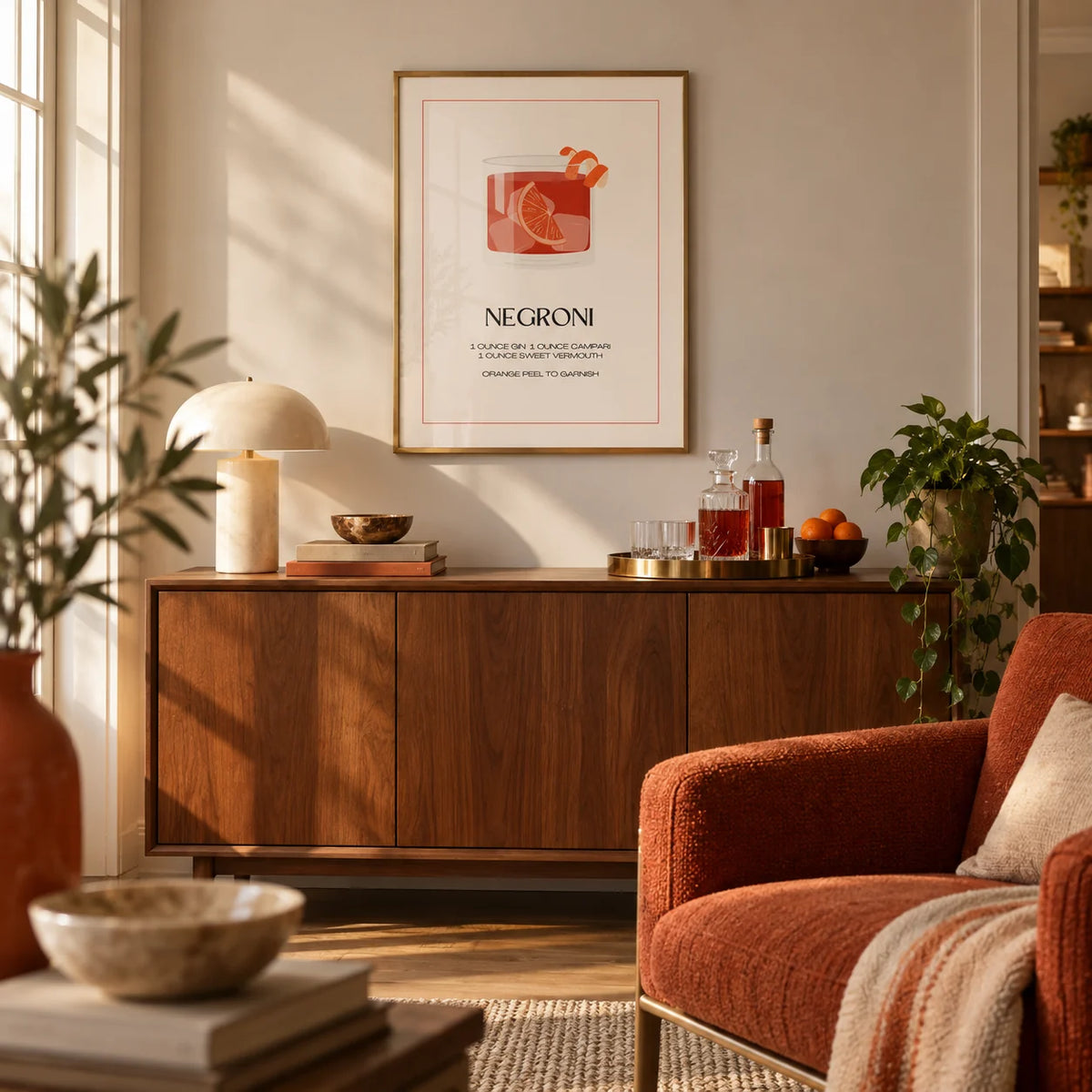Negroni Cocktail Poster, framed on the wall of a warm living room