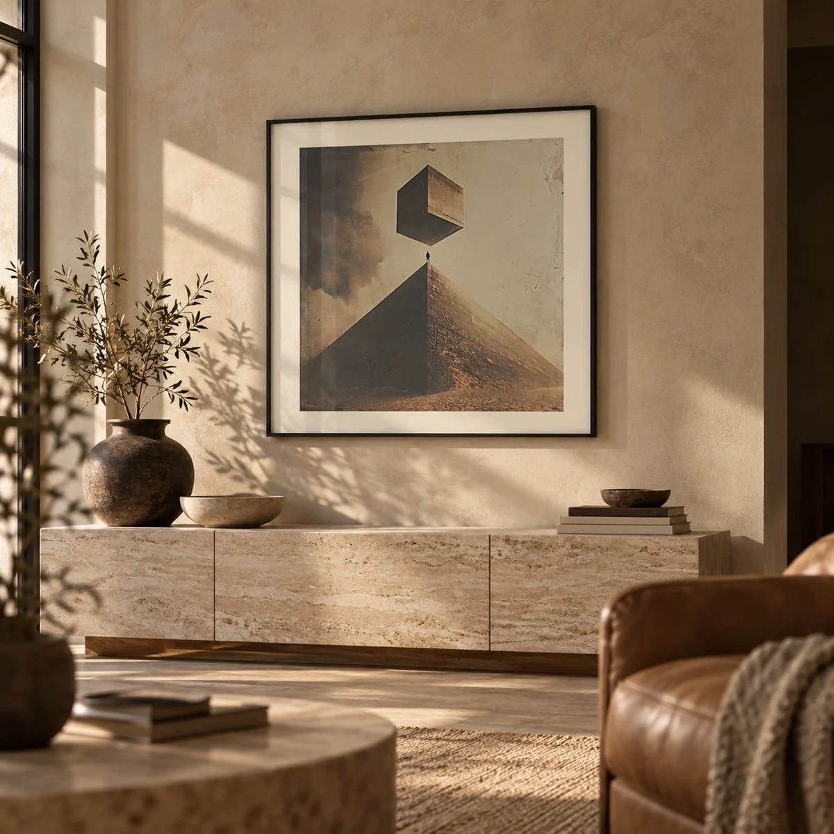 Neutral Color Wall Art, framed on the wall of a design-led living room with a warm limewashed wall