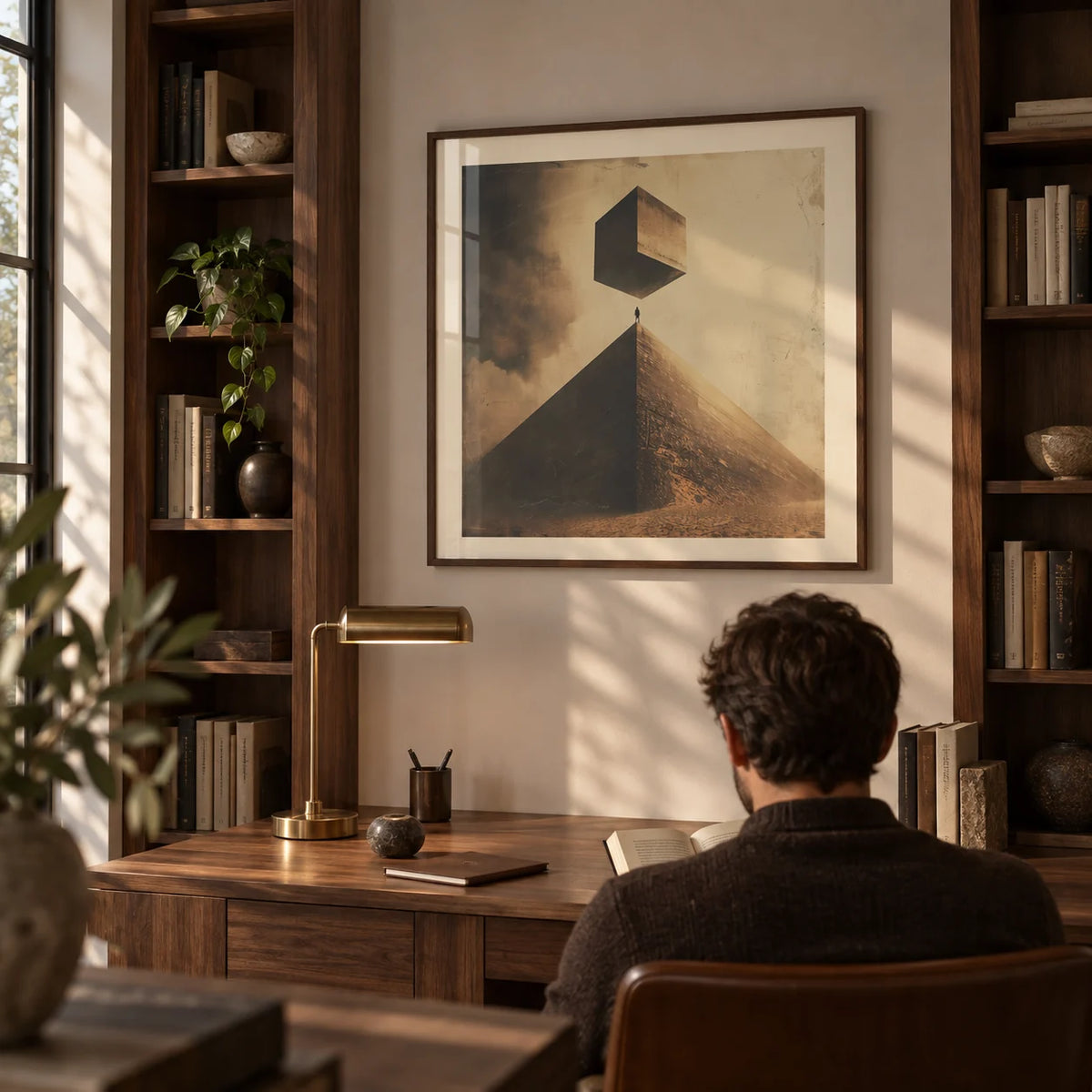 Neutral Color Wall Art, framed on the wall of a quiet study with dark walnut bookshelves