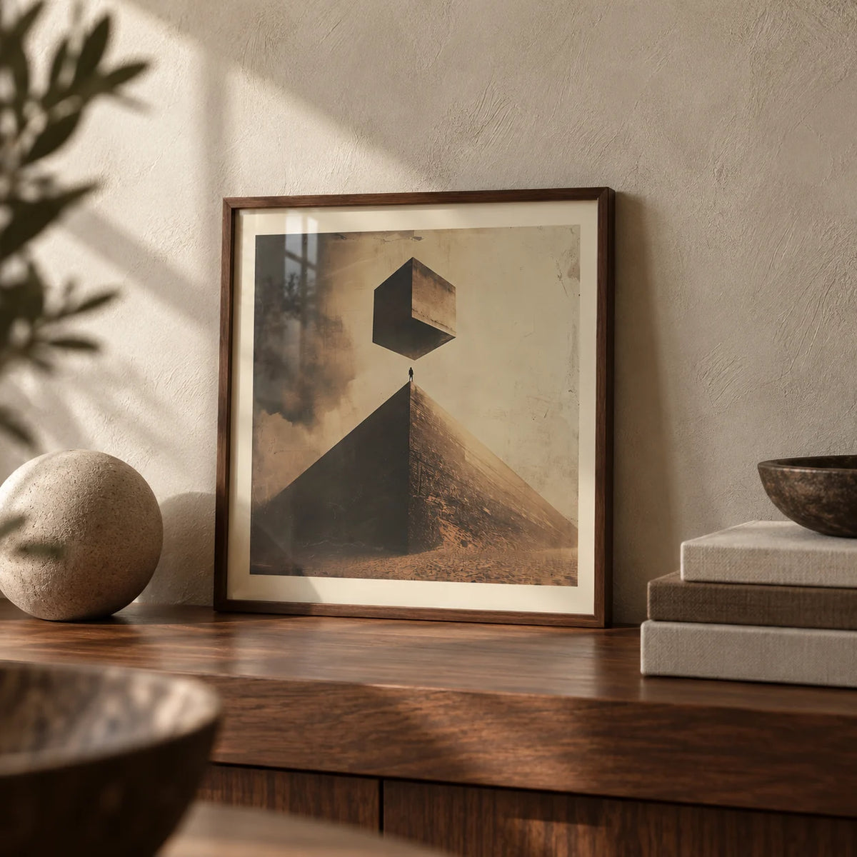 Neutral Color Wall Art, a small A4 framed print leaning on a walnut shelf in a living room
