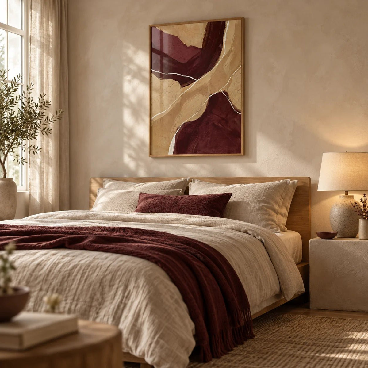 Neutral Organic Abstract Art, framed on the wall of a calm bedroom