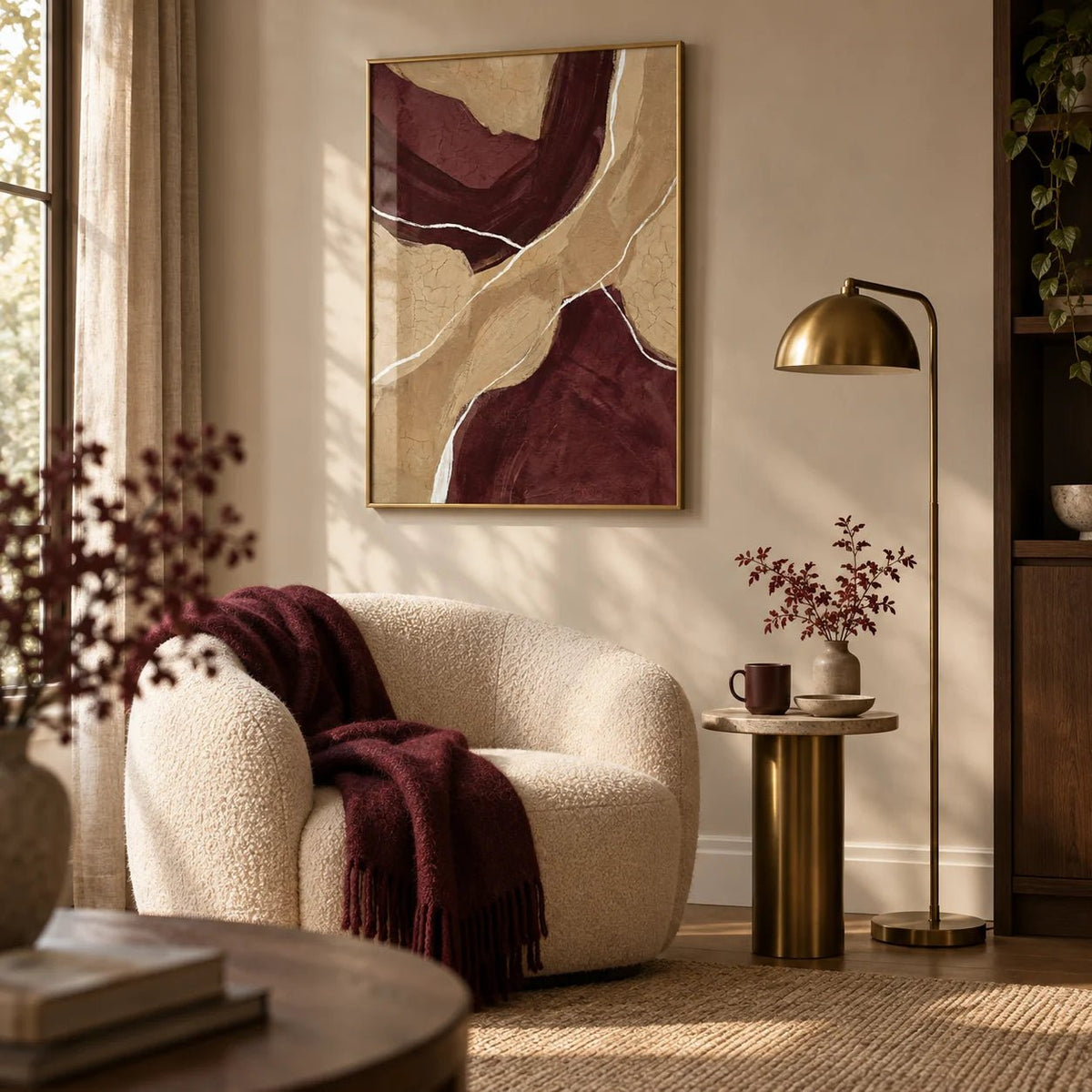 Neutral Organic Abstract Art, framed on the wall of a living room corner