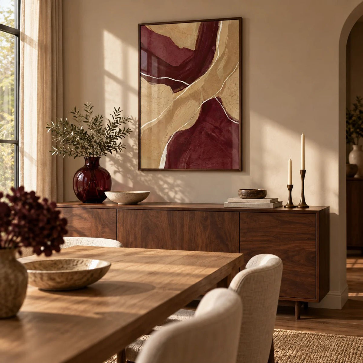 Neutral Organic Abstract Art, framed on the wall of a warm dining room