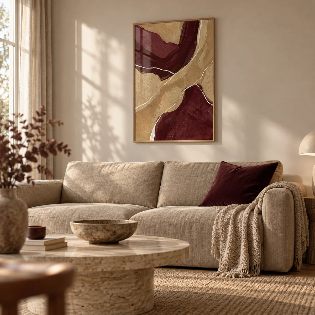 Neutral Organic Abstract Art, framed on the wall of a warm neutral living room