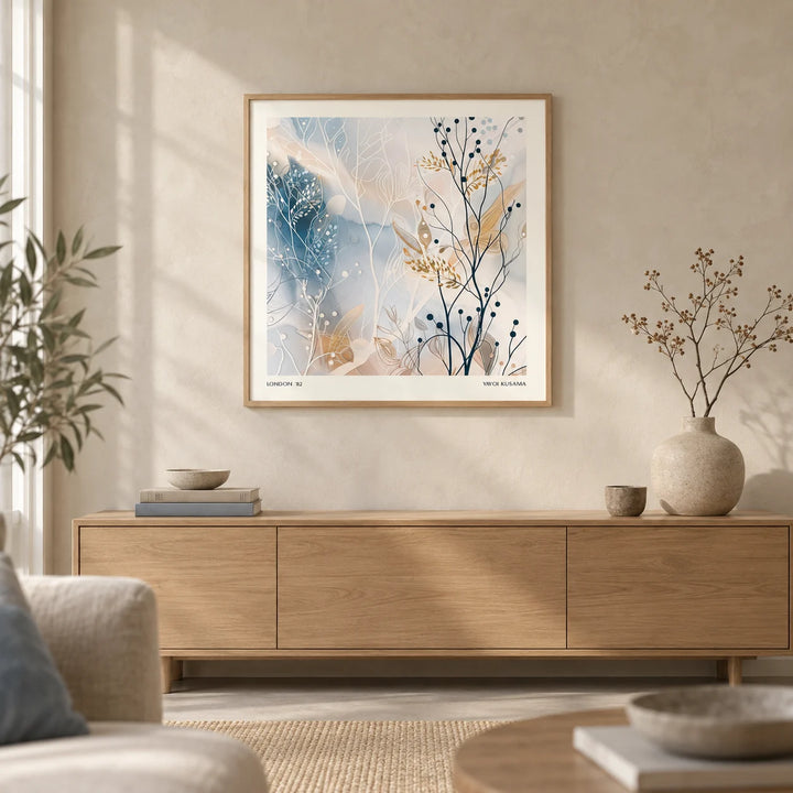 Neutral Prints, framed on the wall of a calm Japandi living room with a soft limewashed wall