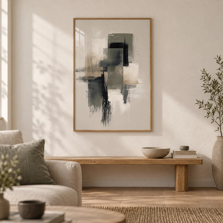 Neutral Wabi Sabi Wall Art, framed on the wall of a calm Japandi living room with a warm white plaster wall and a pale oak floor