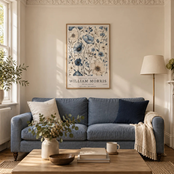 Neutral Wall Art for Living Room, framed on the wall of a calm living room in a Victorian terrace with warm ivory plaster walls