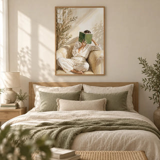 Neutral Woman Reading Art Print, framed on the wall of a calm cream bedroom