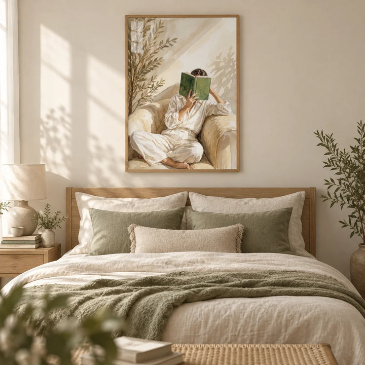 Neutral Woman Reading Art Print, framed on the wall of a calm cream bedroom