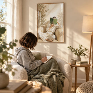 Neutral Woman Reading Art Print, framed on the wall of a cosy reading nook by a window in a living room