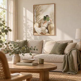 Neutral Woman Reading Art Print, framed on the wall of a soft neutral living room