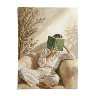Neutral Woman Reading Art Print, shown as an unframed paper print on a plain white background