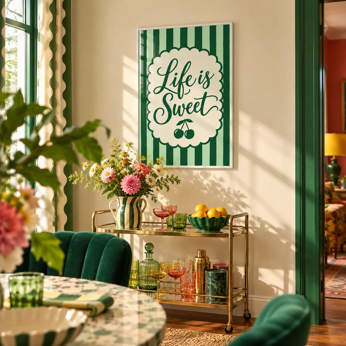 New Home Print, framed on the wall of a colourful dining corner