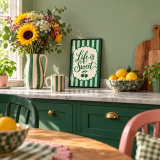New Home Print, a small A4 framed print leaning on a kitchen worktop