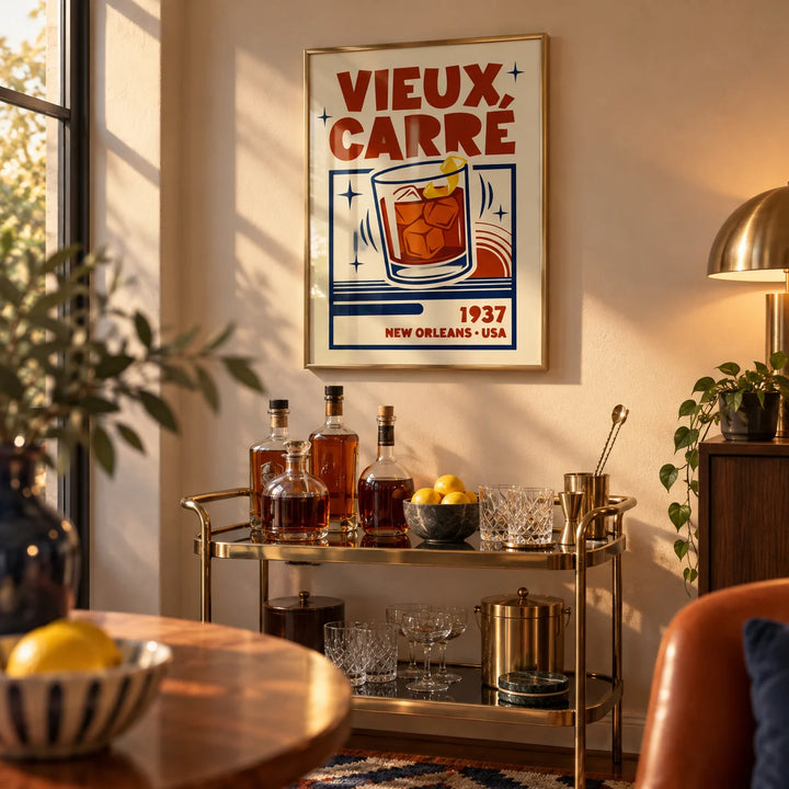 New Orleans Cocktail Print, framed on the wall of a home bar corner