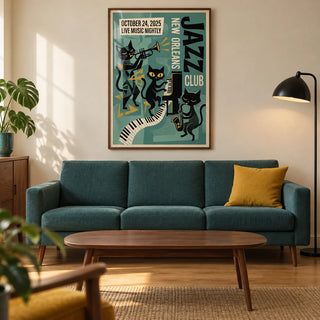 New Orleans Music Poster, framed on the wall of a mid-century living room in a UK city flat with warm cream walls