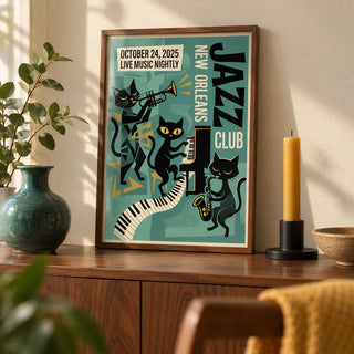 New Orleans Music Poster, a small A4 framed print leaning on a walnut sideboard in a living room