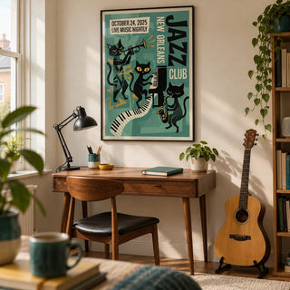 New Orleans Music Poster, framed on the wall of a small home music study in a British terraced house with warm white walls and a plain cream rug