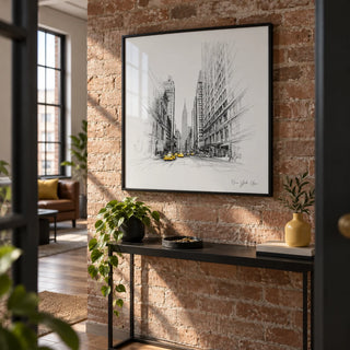 New York City Drawing, framed on the wall of a loft hallway with exposed brick